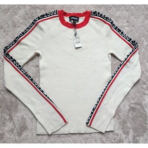 Express Vintage Y2K Logo Stripe Fitted‎ Sweater Womens Small White Red Pullover